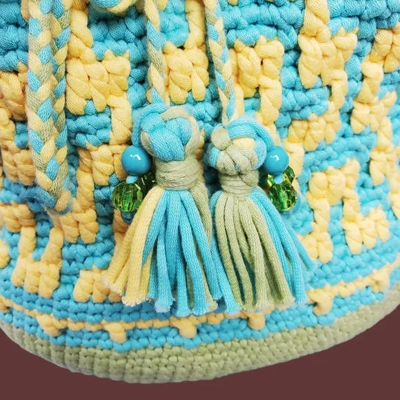Blue Green Yellow Multicolor Crochet Bucket Bag Size OS - Picture 11 of 12